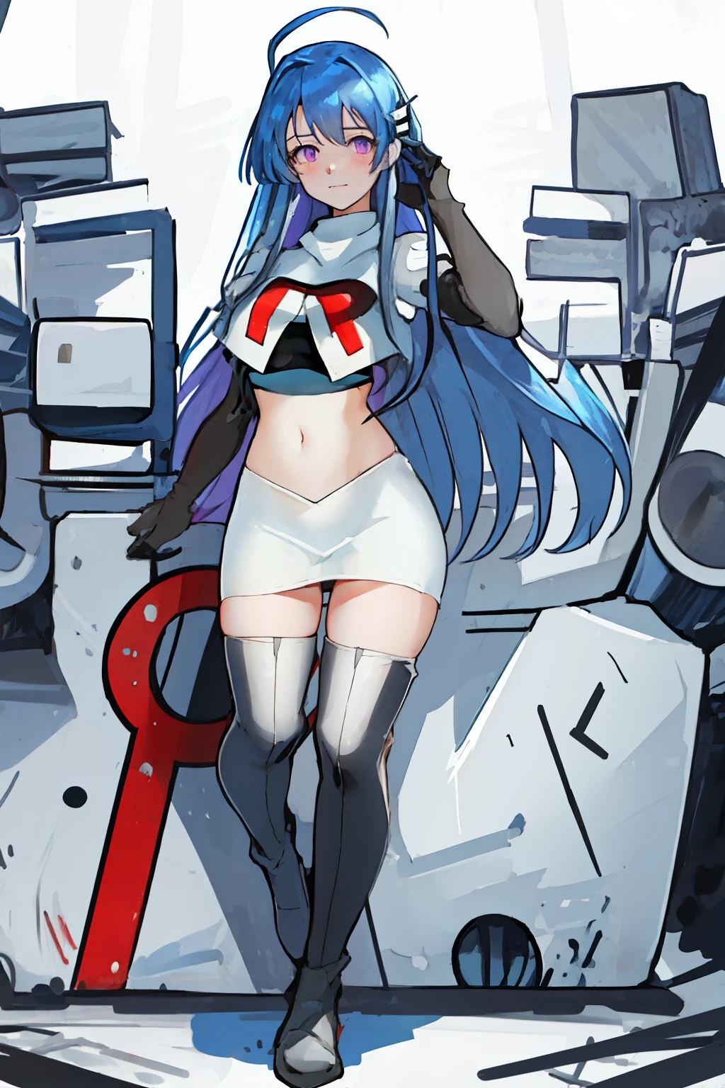 best quality, masterpiece, highres, solo, {helena_azurlane:1.15}, blue_hair, long_hair, ahoge, purple_eyes, breasts, blush, bangs, hair_ornament, medium_breasts, hair_between_eyes, 1girl, looking_at_viewer, large_breasts, team rocket,team rocket uniform,white skirt,red letter R,crop top,black thigh-highs,black elbow gloves