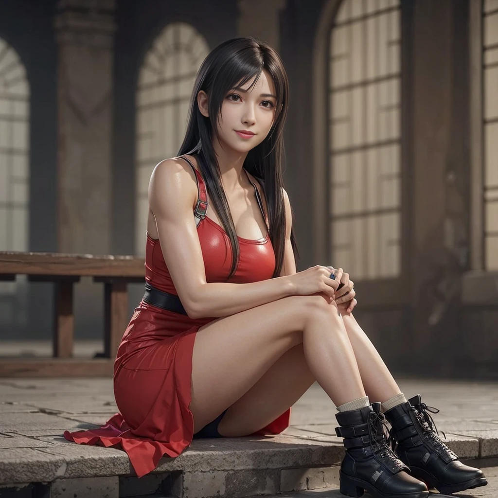 (best quality,ultra-detalhado),(Realistic:1.37),Tifa Lockhart,Rosto bonito e detalhado, textura ultra realista, rosto delicado, Fit physique, sarcastic expression with smile