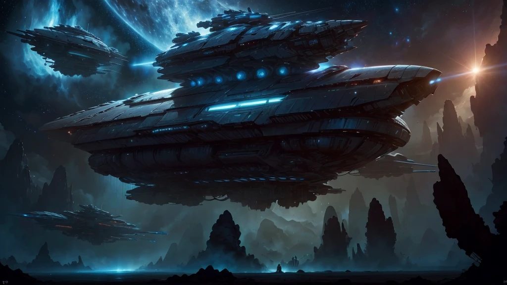 Spaceship with crew surrounded by planets high quality 4K