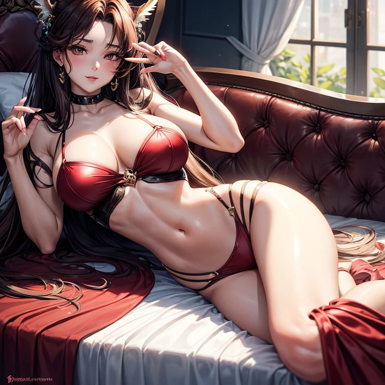 CherryDV, a young and talented female actress, embodies beauty and skill. Her appearance exudes a delicate elegance reminiscent of a fairy. Her long, elegant cascading hair in shades of brown. "A succubus reclining on a bed, exuding an irresistibly seductive aura that seduces and captivates, embodying a mixture of allure and enigma."