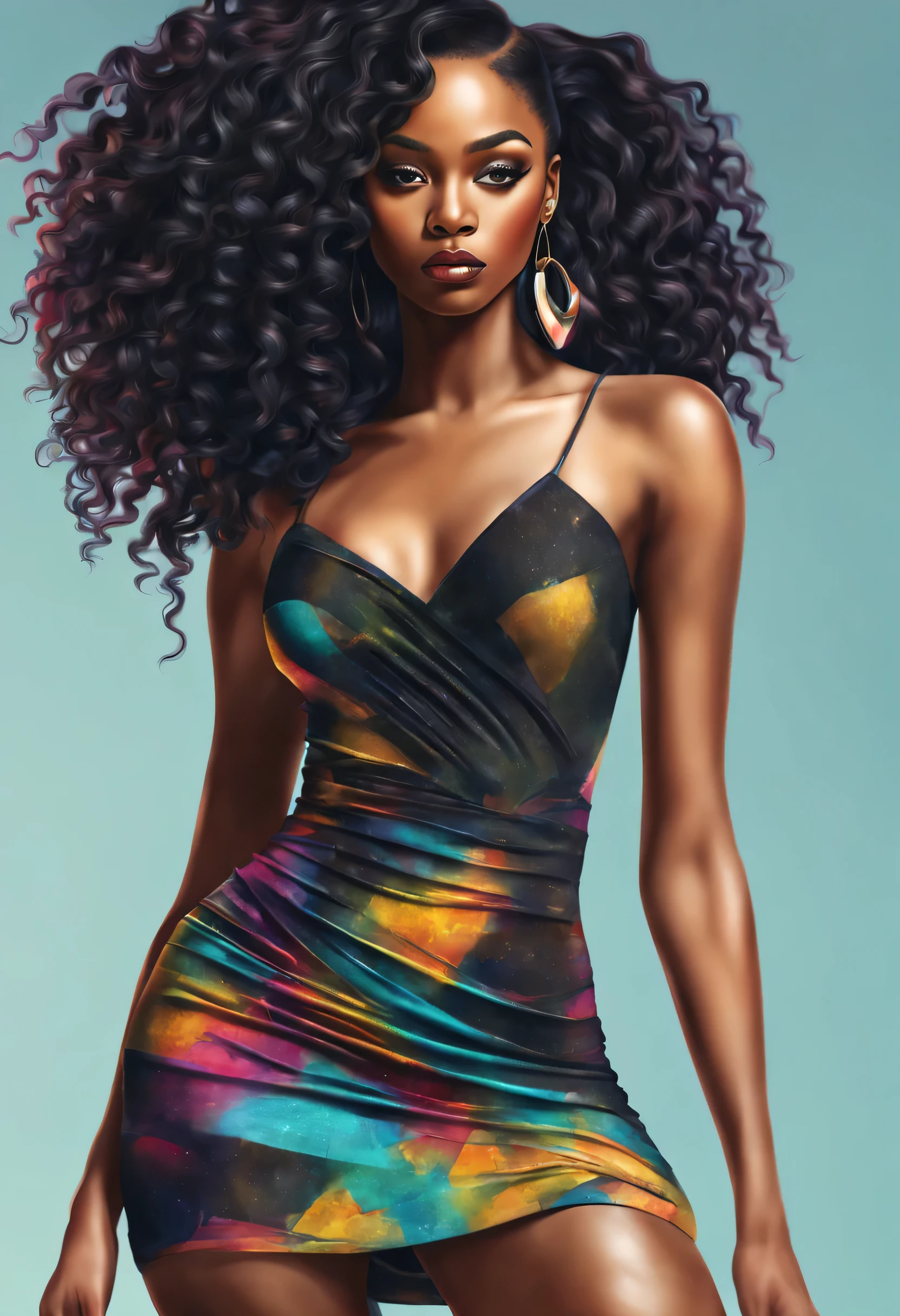 (((Femme noir africaine, peau couleur ébène noir intense et profond, peau parfaite, en mouvement, marche, full body, intelligente, fine lace bodysuit underwear))), ((best quality, extremely detailed:1.8, hyperRéaliste:1.5, photorealistic:1.5, grande profondeur de champ, vue de face, very beautiful 35 year old woman, Prise de vue en direct, low-cut, fine lace bodysuit underwear, full body and legs)), ((femme debout, she has a serious pose, very long hair, black hair with gold and shiny green highlights, quelques mèches tressées, tresses africaine, light bustier, dentelles fines et délicates, poitrine push-up)), ((detailed black african woman face looking at camera, yeux verts claire électrique, feline silhouette, cheveux volant dans le vent)), (photorealistic), sharp eyes, poitrine push-up, very thin waist, jambes longues, longues jambes, fine and detailed hands, detailed hairstyle, very long hair, femme charismatique, charisme, charismatique, sparkling eyes, dentelles fractal