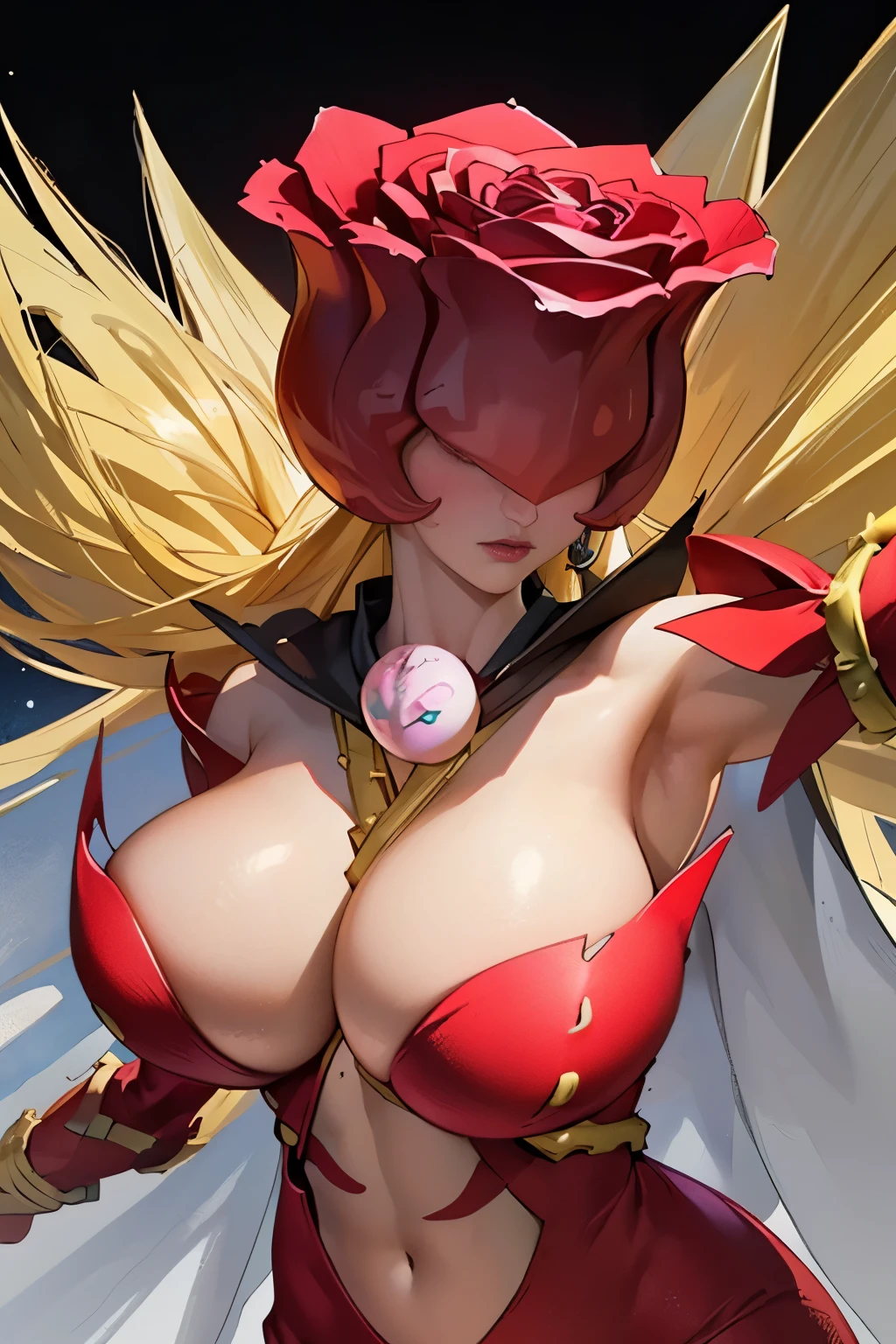 (masterpiece, top quality), (medium),official art, beautiful and aesthetic:1.2),(rosemon:1.3), (fractal art:1.3),upper body, from side, (slendered abs:1.2), looking at viewer,starry sky, stars in the background, shining halo,((gigantic breasts:1.5)), (midriff),((ultra detail eyes:1.5)),((extremely detailed CG unity 8k wallpaper,masterpiece, best quality)), ((ultra-detailed:1.5)),(best illumination, best shadow, an extremely delicate and beautiful),(extremely detailed CG unity 8k wallpaper,masterpiece, best quality, ultra-detailed),(best illumination, best shadow, an extremely delicate and beautiful),(perfect body: 1.5),(masterpiece), dynamic movement, digital art, otherworldly, a burst of color, explosive energy, chaotic beauty, (hair flowing:1.2, hair glowing), (body distorted:1.5, body fragmented), (face obscured:1.2, half hidden), (background: broken, shattered, fractured), (light: flickering, pulsating, radiating).