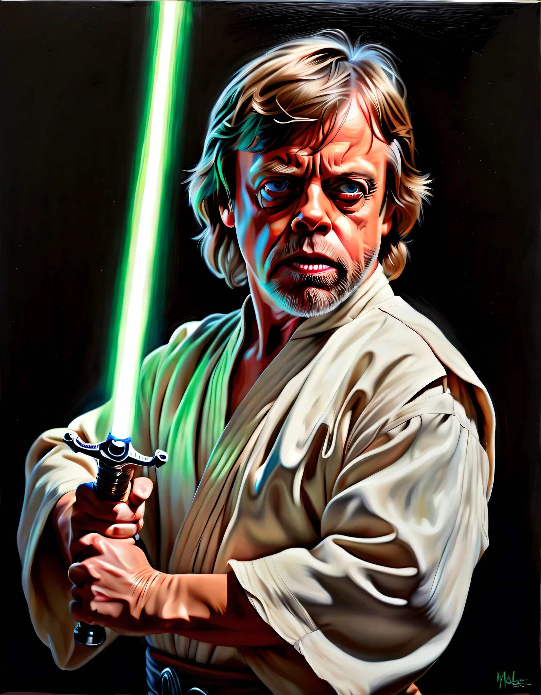 (melhor qualidade, realistic:1.37) Mark Hamill como Luke Skywalker, powerful with the Force, escolhido, em um fundo escuro e sinistro, empunhando um sabre de luz verde, corpo inteiro. [intense expression], [Cabo Fluindo], [postura de batalha intensa]: (oil painting), [dramatic lighting], [detailed facial features], [intense action]. Cores: [tons claros e contrastantes], [destaques vermelhos sinistros], corpo inteiro.
