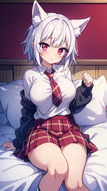 bedroom, (masterpiece), best quality, my foxy girlfriend - fuku, medium breasts, beautiful eyes, white high socks, white fox ears, one white fox tail, round face, white hair, white skin, cute girl, innocent , medium size, teenager, light pink sweater, white thighs high,red tie hidden by sweater, red pink eyes, short back hair, 2 long strands falling on breasts, very short red plaid skirt under the sweater, thick thigh, black japanese school shoes