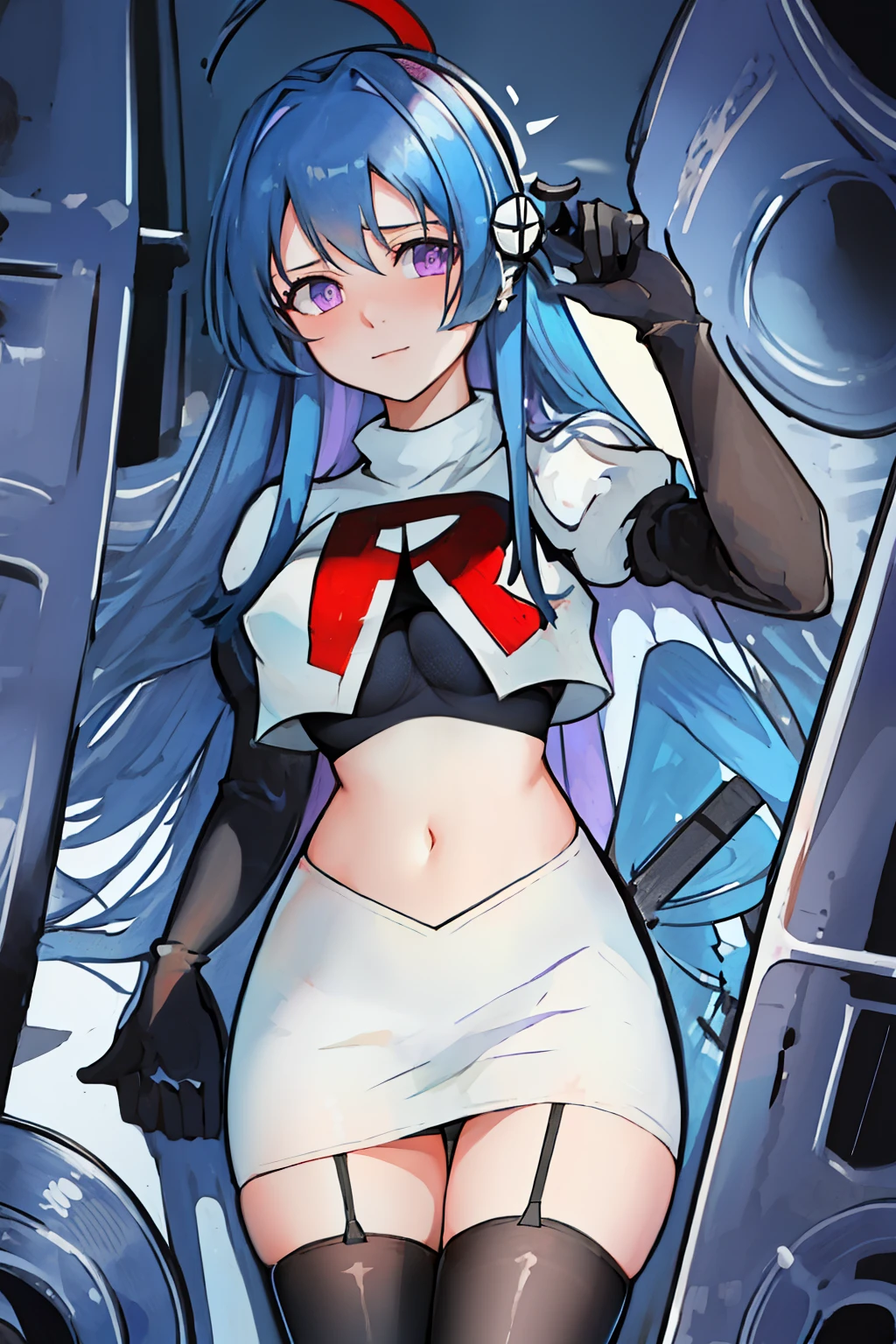 best quality, masterpiece, highres, solo, {helena_azurlane:1.15}, blue_hair, long_hair, ahoge, purple_eyes, breasts, blush, bangs, hair_ornament, medium_breasts, hair_between_eyes, 1girl, looking_at_viewer, large_breasts, team rocket,team rocket uniform,white skirt,red letter R,crop top,black thigh-highs,black elbow gloves