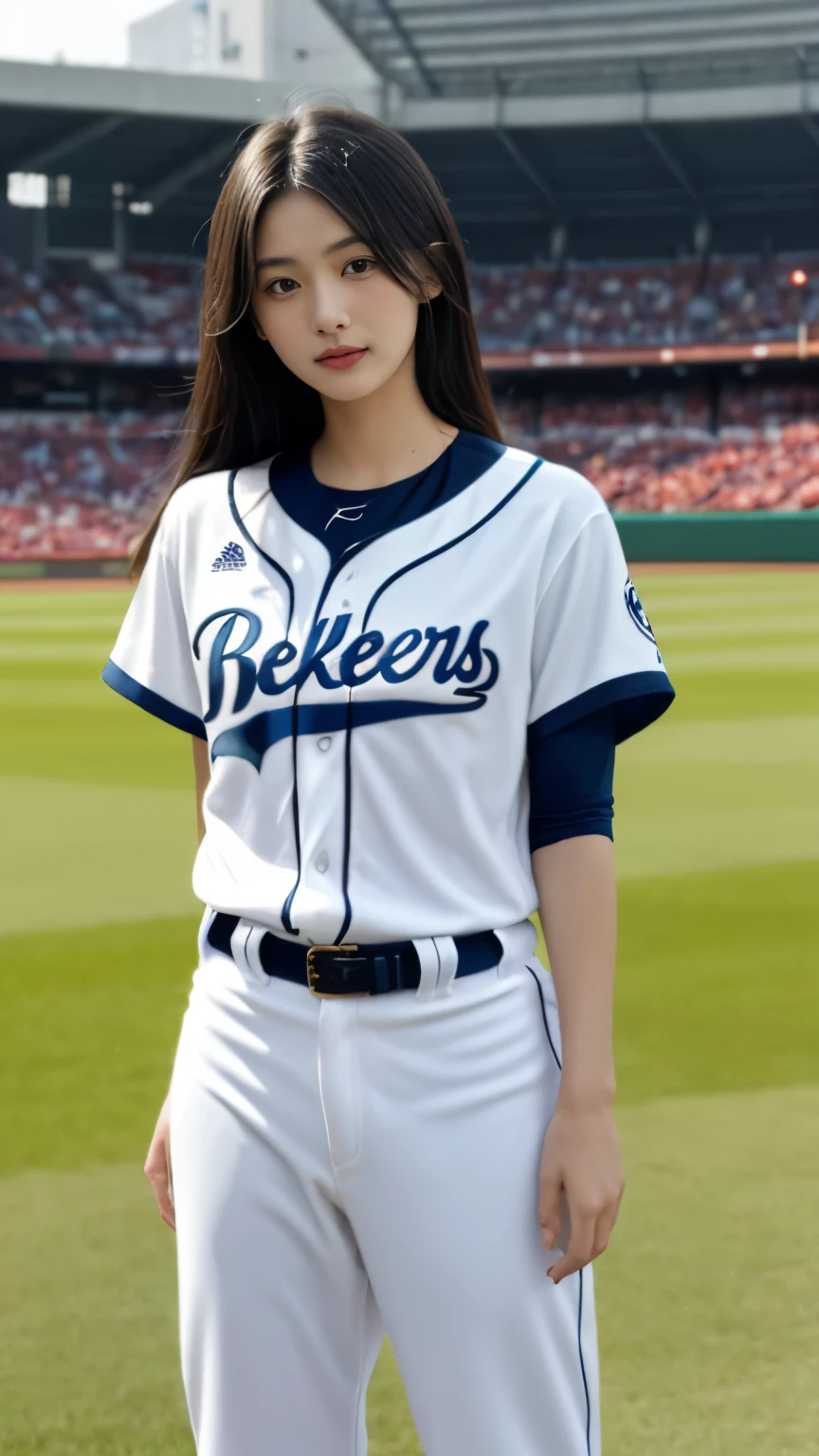 masterpiece,highest quality,fine skin,Beautiful woman,long black hair,turned into slime,baseball uniform,Tohoku Rakuten Golden Eagles uniform,baseball ground