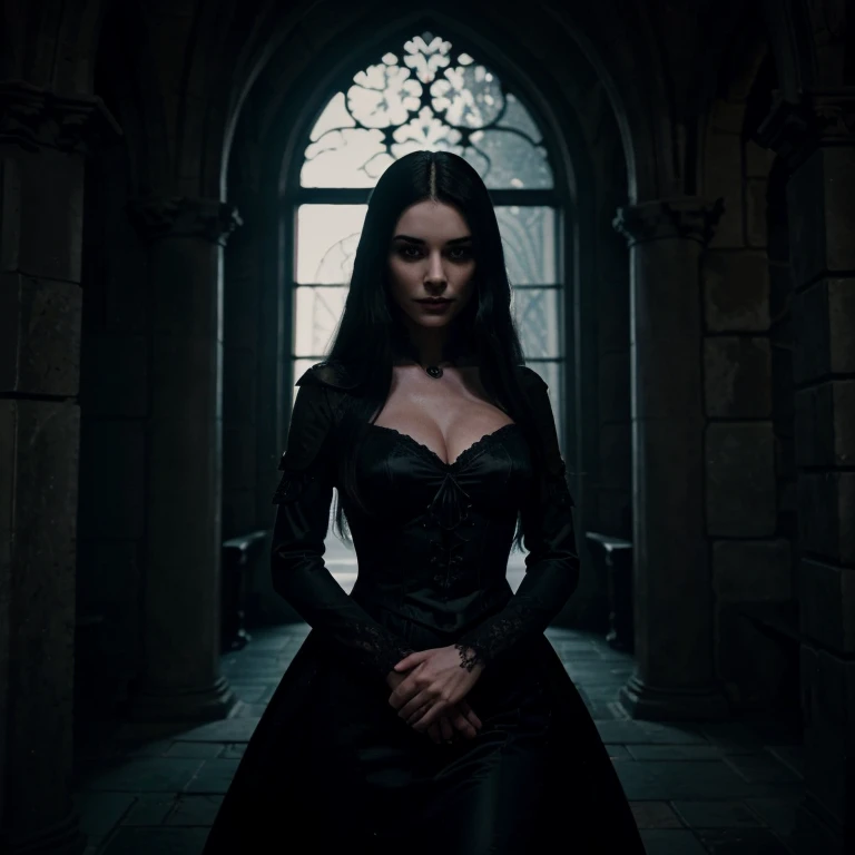 Evil, malevolent, dark and beautiful woman with long flowing black hair and piercing eyes, living in a majestic castle. The castle is surrounded by a dark and eerie forest, with ancient trees and twisted branches. The woman is wearing a black gown that billows in the wind, adding to her mysterious aura. Her lips are crimson, contrasting with her pale skin, and she has an enchanting smile that hides her true intentions. There is a knight standing guard at the castle's entrance, holding a gleaming sword, ready to protect the woman from any danger. The castle itself is imposing, with towering stone walls and intricate gothic architecture. The interior is filled with decadent furnishings, velvet drapes, and hauntingly beautiful artwork. The atmosphere is filled with an eerie stillness, as if something supernatural is lurking in the shadows. The color palette is dominated by deep shades of purple, black, and blood-red, reflecting the darkness and evil that surround the woman. The lighting is dim and moody, casting long shadows on the walls and creating an atmosphere of foreboding. The image should be of the highest quality, with ultra-detailed features and a realistic, photorealistic style. The final result should be a masterpiece, capturing the essence of the malevolent yet captivating woman and the dark castle she resides in.