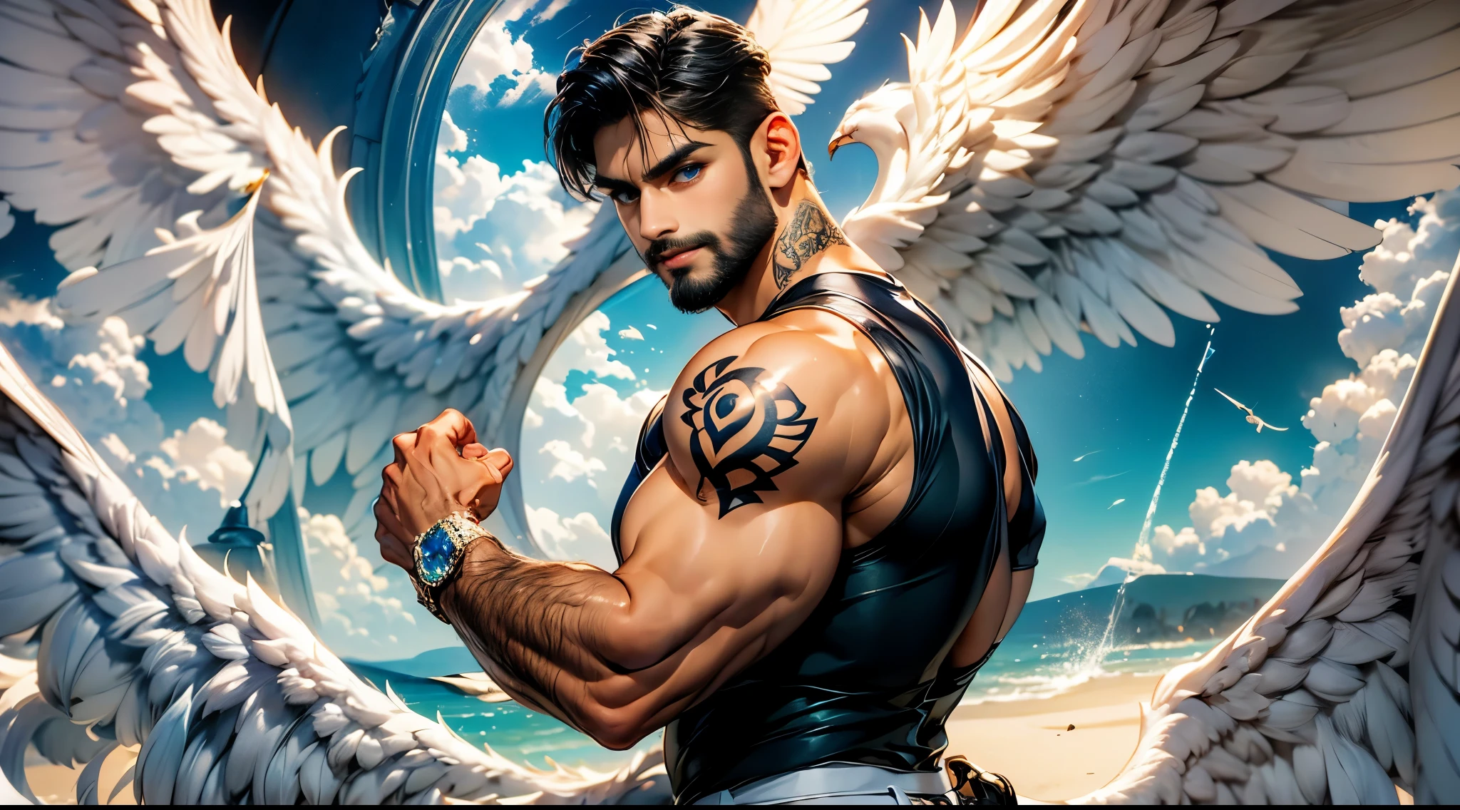 Daegan Tronos Character(1), no more characters, handsome, detailed face, dark skin, dark-tanned, perfect wings angel, symmetrical wings,blue eyes(color),small beard, medium haircut, sleeveless shirt (rocker style), tattooed arms, champion stance(body), visual harmony, epic wallpaper.