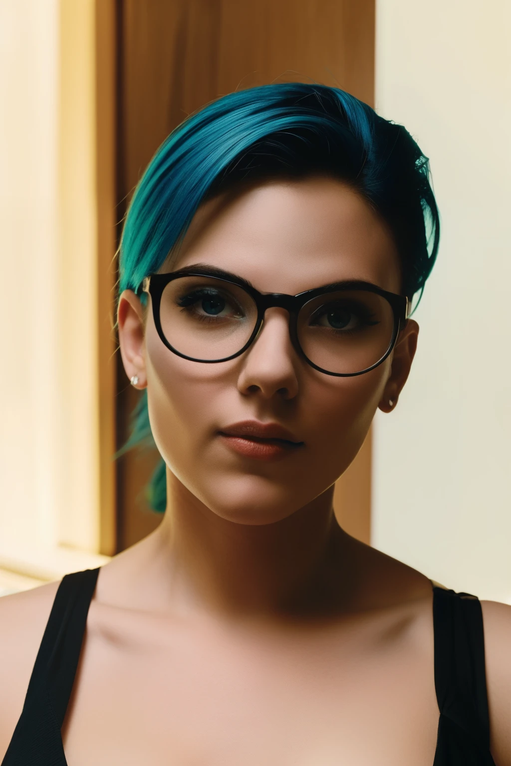 Absurd resolution, high resolution, (masterpiece: 1.4), hyper-detail, hyper-realistic, beautiful 18 year old girl with punk blue hair, glasses, happy, rage, night, light portrait, Instagram model, cleavage, beautiful latin face, beautiful body and face, beautiful woman, beautiful and detailed body and face, beautiful face and figure, natural makeup, photorealistic, RAW, skin texture, film grain, best shadow, 55mm, ultra HD, film grain,