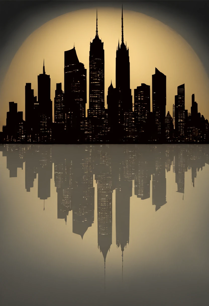 urban skyline silhouette, twilight, reflections on water, (シルエットアート, silhouette art:1.8), (Best quality:1.5, masterpiece:1.5).