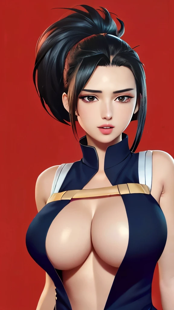 (Best Quality, 8k, 32k,1 Girl, Yaoyorozu Momo, Perfect Body, Ultra Detailed Face, Detailed Lips, Thin Eyes, Torn Dress, Standing, Seductive, Excited, Areolas, In the Heat, Milf.