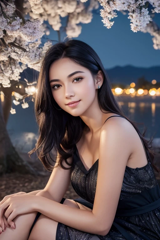 (best quality,8k,highres,masterpiece:1.2),portrait,girl with perfect smile,black hair,sitting under a tree at night,detailed eyes and lips,peaceful atmosphere,soft lighting,serene expression,beautiful dress,nighttime scenery,moonlight shining through the branches,vivid colors