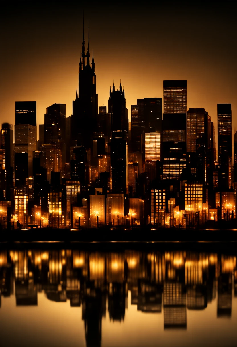 urban skyline silhouette, twilight, reflections on water, (シルエットアート, silhouette art:1.8), (Best quality:1.5, masterpiece:1.5).