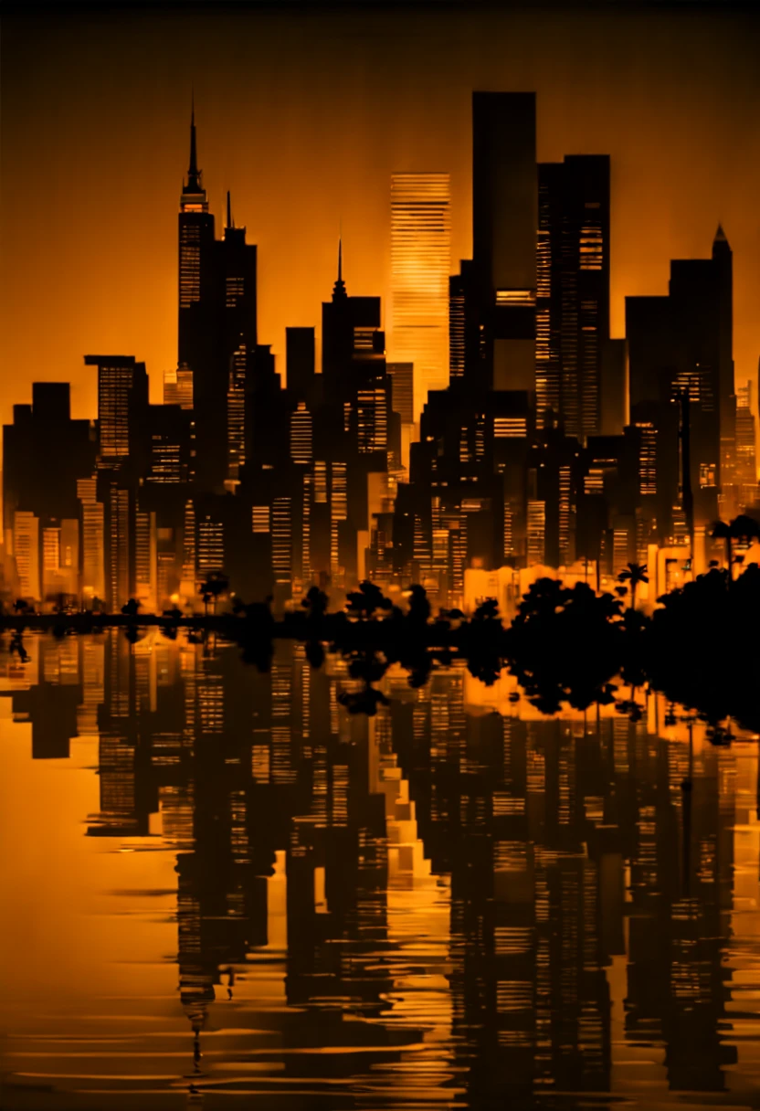 urban skyline silhouette, twilight, reflections on water, (シルエットアート, silhouette art:1.8), (Best quality:1.5, masterpiece:1.5).