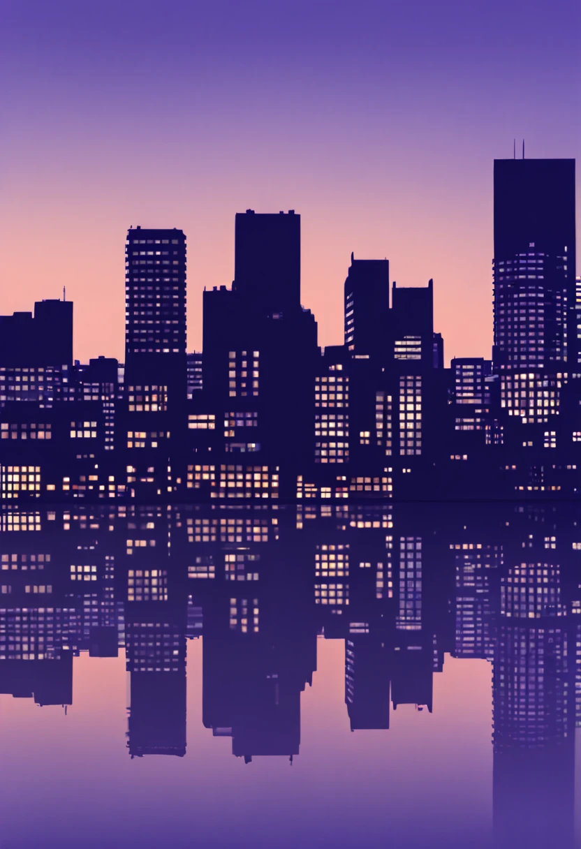 urban skyline silhouette, twilight, reflections on water, (シルエットアート, silhouette art:1.8), (Best quality:1.5, masterpiece:1.5).
