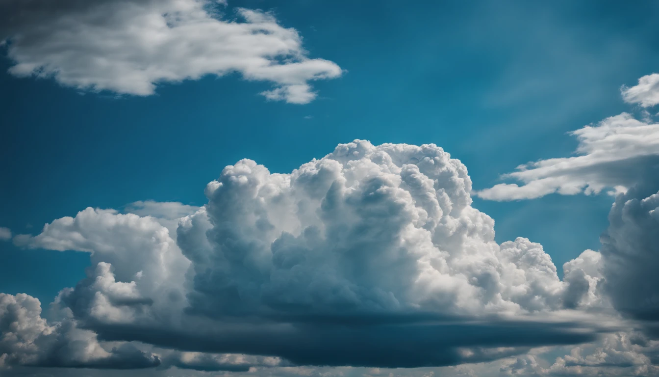 a wide-angle shot of a towering cumulus nimbus cloud against a vibrant blue sky, showcasing its immense size and dramatic presence