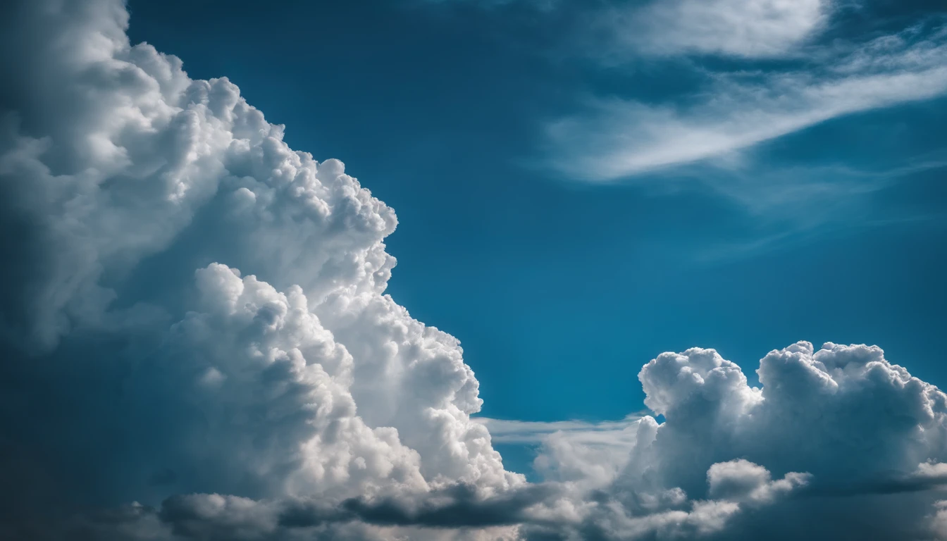 a wide-angle shot of a towering cumulus nimbus cloud against a vibrant blue sky, showcasing its immense size and dramatic presence