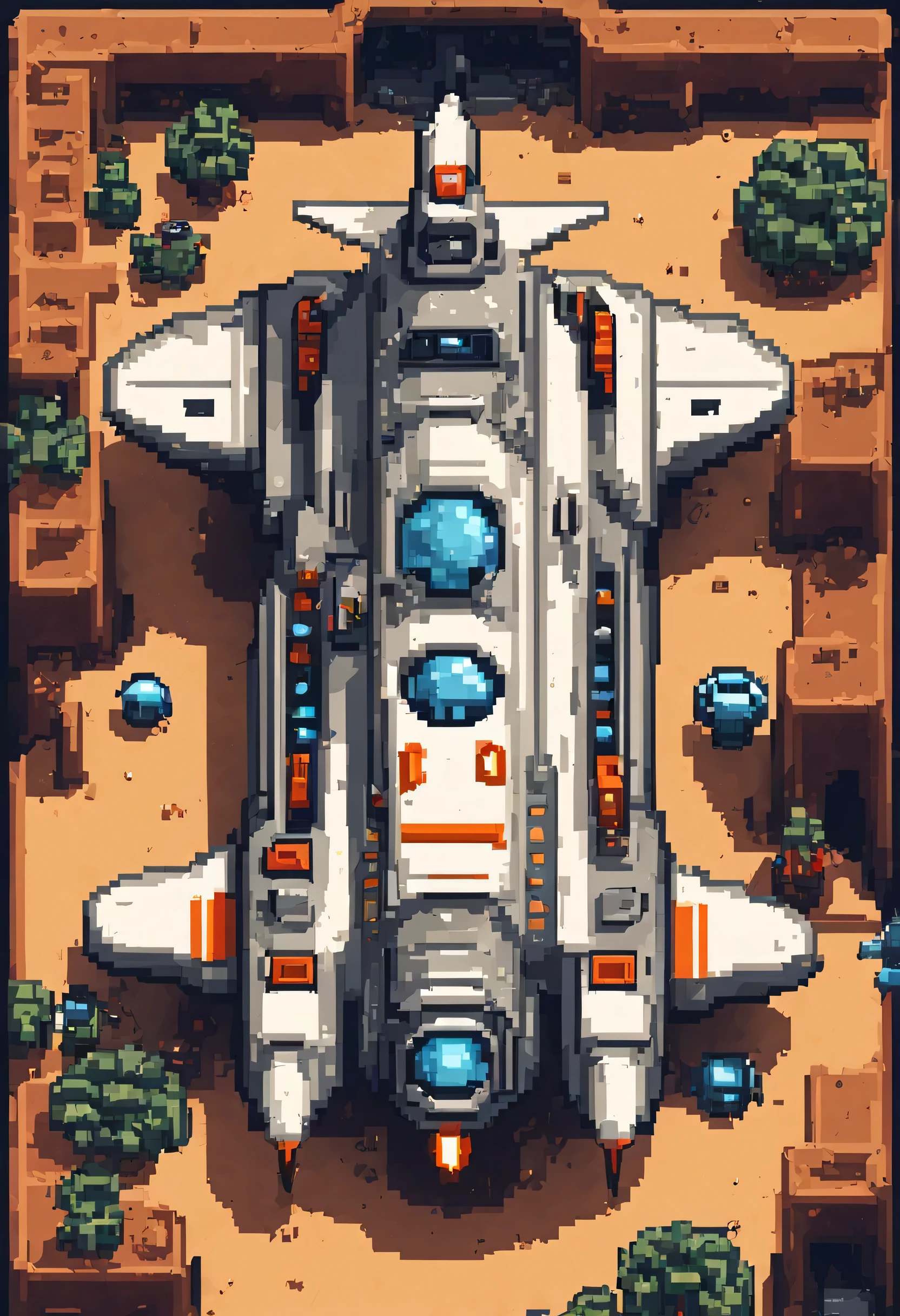 Design a pixel art-style retro spaceship sprite for a shoot 'em up video game. The spaceship should have a nostalgic 8-bit or 16-bit aesthetic, reminiscent of classic arcade games. Incorporate iconic elements such as a rounded cockpit, pixelated thrusters, and simple, geometric shapes. Use a limited color palette to enhance the retro feel, and consider adding subtle animation frames for the spaceship, like blinking lights or rotating components. Emphasize a sense of charm and playfulness in the design, keeping it visually appealing within the constraints of classic game graphics. Feel free to experiment with variations in color, shape, and detailing to create a unique and memorable spaceship sprite for the game.