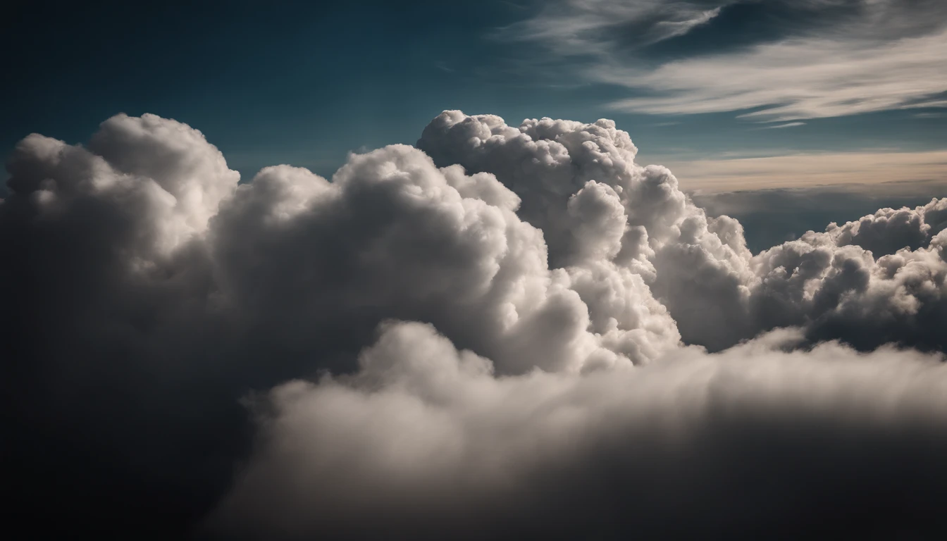a high-resolution shot of the top of a cumulus nimbus cloud, capturing the fluffy, distinct formations and the way they seem to reach towards the sky