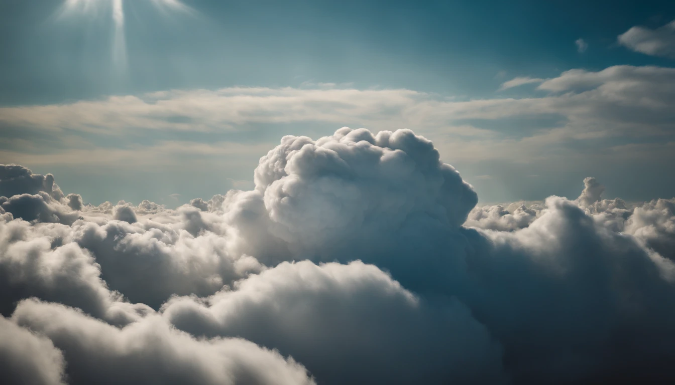 a high-resolution shot of the top of a cumulus nimbus cloud, capturing the fluffy, distinct formations and the way they seem to reach towards the sky