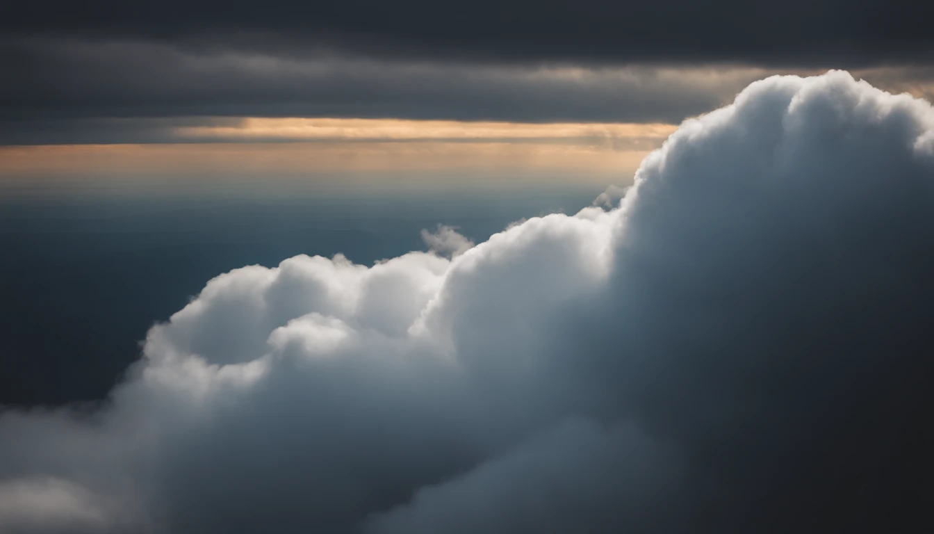 a detail shot of the edges of a cumulus nimbus cloud, showcasing the crisp, defined borders and the wisps of cloud that extend outward