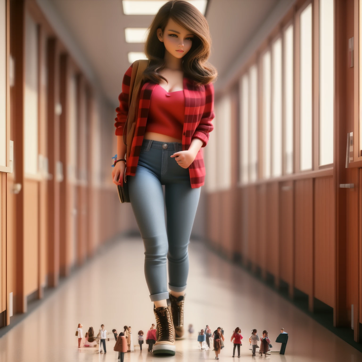 there is a woman standing in a hallway with a lot of people, inspired by Chris LaBrooy, in school hallway, pixar doll deep focus, realistic 3 d style, photorealistic disney, by Chris LaBrooy, highschool background, casually dressed, in style of cyril rolando, girl fanart, 3 d epic illustrations, hyperrealistic