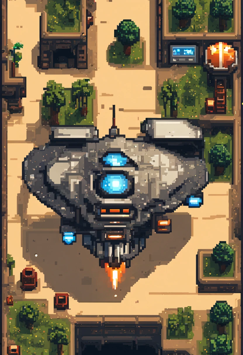 Generate a pixel art-style retro spaceship sprite for a shoot 'em up video game with a transparent background. The spaceship should embody a classic arcade aesthetic, featuring a rounded cockpit, pixelated thrusters, and simple geometric shapes. Utilize a limited color palette to evoke the nostalgic feel of 8-bit or 16-bit gaming. Add subtle animation frames, such as blinking lights or rotating components, to enhance the dynamic nature of the sprite. The overall design should exude charm and playfulness within the constraints of classic game graphics. Ensure the generated image has a transparent background to seamlessly integrate into the game environment.