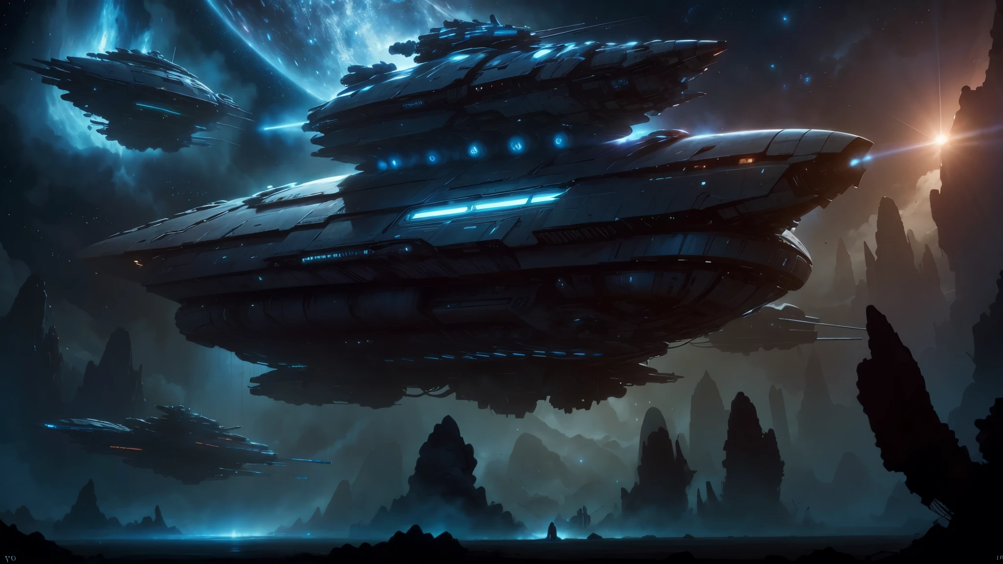 Spaceship with crew surrounded by planets high quality 4K