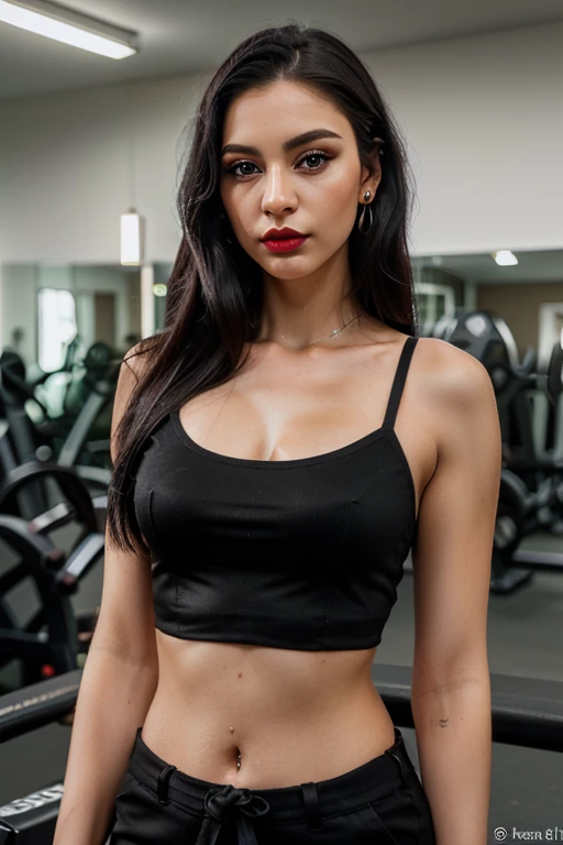 (8k, RAW photo, best quality, masterpiece: 1.2, realistic, photorealistic: 1.37, professional lighting, intricate details, high quality), age 23 years old, ((long straight black hair)), perfect mouth, perfect eyes and shiny, thin eyelashes, green eyes, perfect hand, perfect fingers, perfect nails, professional makeup, earrings, lipstick, beautiful detailed illuminated face, ((height 1.60 cm, weight 60 kg, bust 62 cm, waist 63 cm, hips 86 cm)), in gym