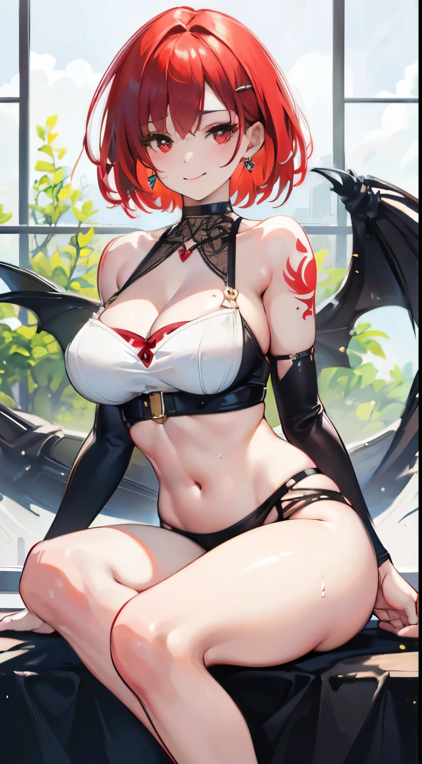 (best quality,4k,8k,highres,masterpiece:1.2),ultra-detailed,(realistic,photorealistic,photo-realistic:1.37),HDR,UHD,studio lighting,extreme detail description,professional,vivid colors,bokeh,(charming,alluring:1.1),playful,age girl,X-rated,mythical,Chala,dressed in a short green crop top and hot pants,standing with the body of a falcon, ,smiling with red eyes,stunning,showing off her exposed chest,posing like a lingerie model,flirtatious,enticing,with intricate hand tattoos and delicate details all over her skin,defiantly provocative,graceful posture,short chestnut hair turning into vivid red at the tips,TV show,tempting,with her tongue sticking out mischievously,heart-shaped tattoo on her hip,sitting with her curvaceous rear lifted,exuding sensuality,the view from behind,showcasing her ample buttocks,sweating,a captivating and sexy sight,fishnet,back,sitting,big ass