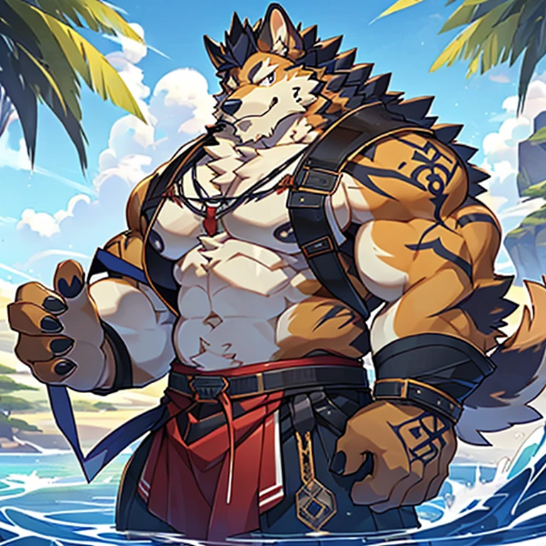 Por arashi takemoto, cachorro jovem musculoso,grande, golden retriever preto, tatuado, chifre de unicorno escuro na testa, Amduschias(housamo), bermuda
