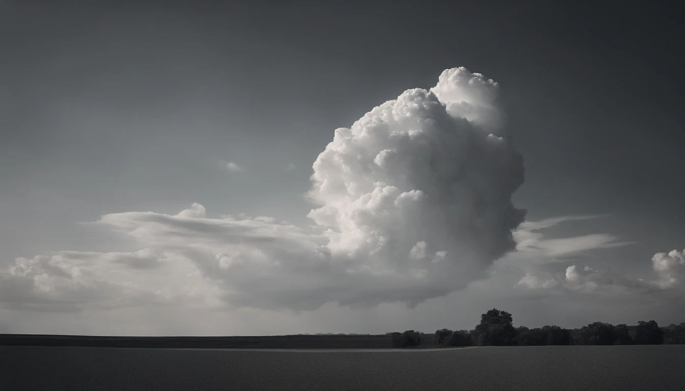 a minimalistic shot of a solitary cumulus nimbus cloud against a plain, monochromatic background, emphasizing its beauty and simplicity