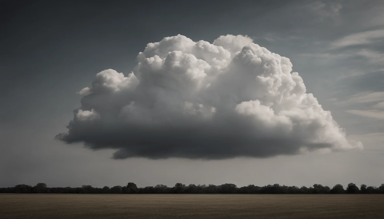 a minimalistic shot of a solitary cumulus nimbus cloud against a plain, monochromatic background, emphasizing its beauty and simplicity