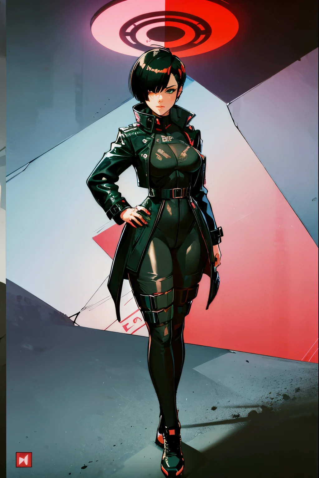 Cyberpunk themed sexy anime girl, she's wearing a black trench coat with red accents all over it it with a black bra underneath, she has a perfect body, her eyes are a beautiful green, her hair is green and black, she is holding her hair as well, and she is short bob cut hair, she is wearing stockings and Adidas shoes, she is also standing up showing her full body, her breasts are really perky too, she tries to look good even when she dresses like a edgerunning punk