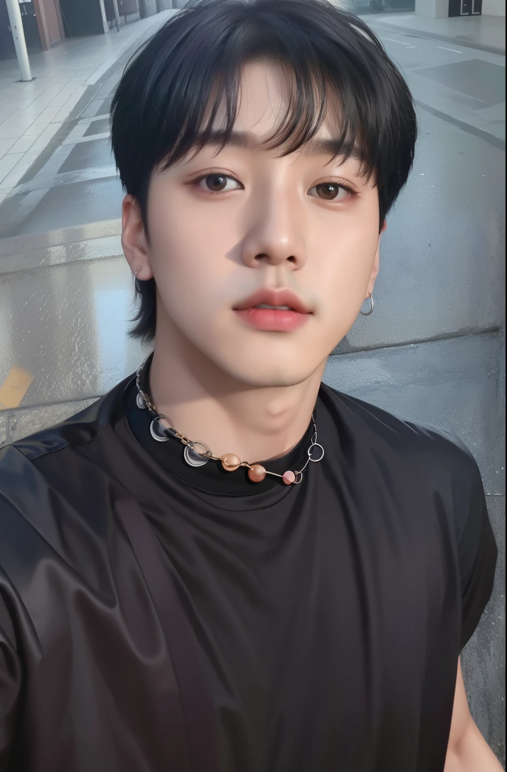 there is a man with a black shirt and a necklace on, jungkook, cai xukun, jinyoung shin, hyung tae, kim doyoung, hong june hyung, headshot profile picture, glossy from rain, taejune kim, portrait of jossi of blackpink, taken in the early 2020s, inspired by Kun Can, inspired by jeonseok lee