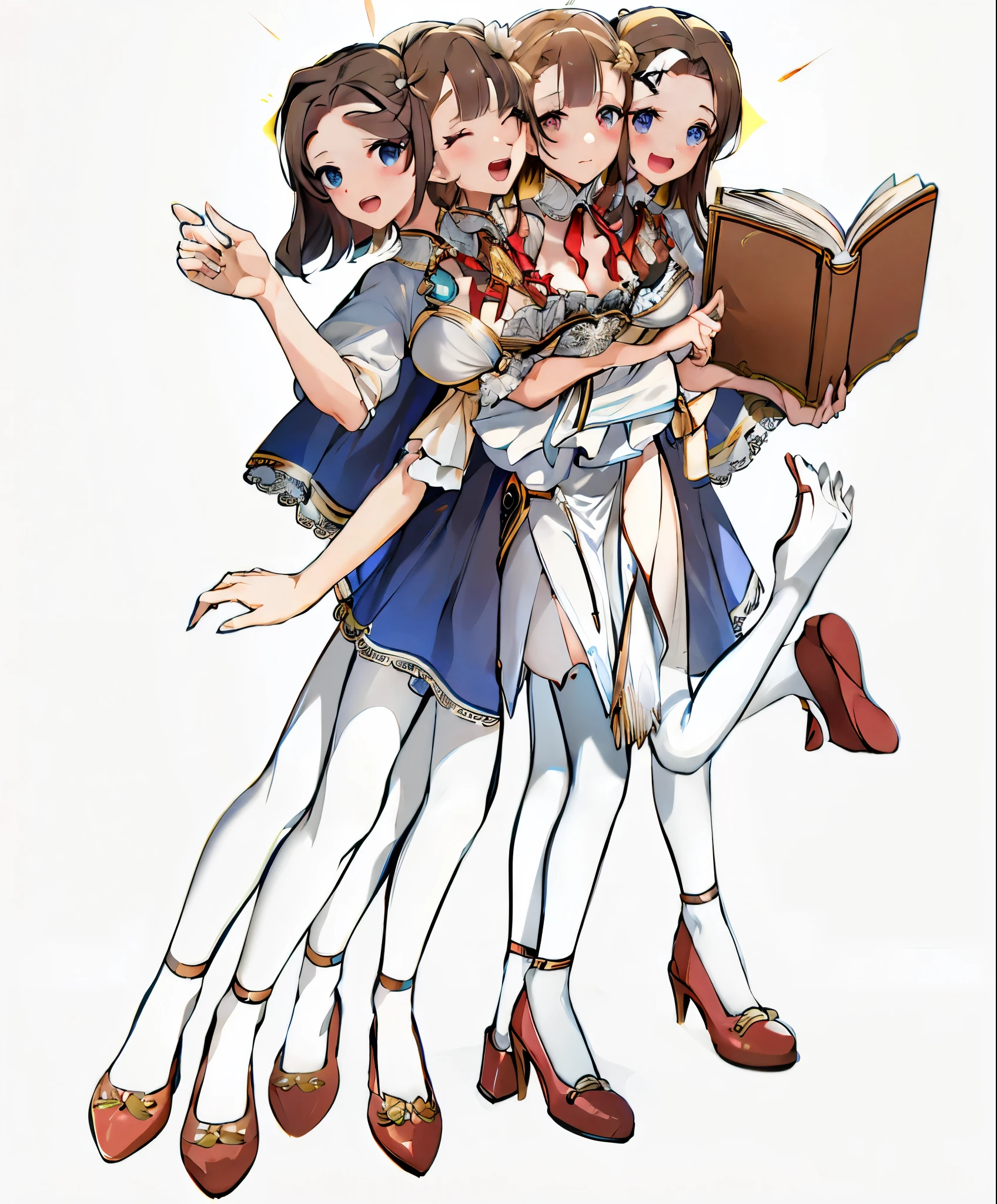 (4heads:1.5), extra limbs, short brown hair, blue and white dress, white leggings, red shoes, 1girl, medium breasts, absurdres, beautiful, masterpiece, best quality