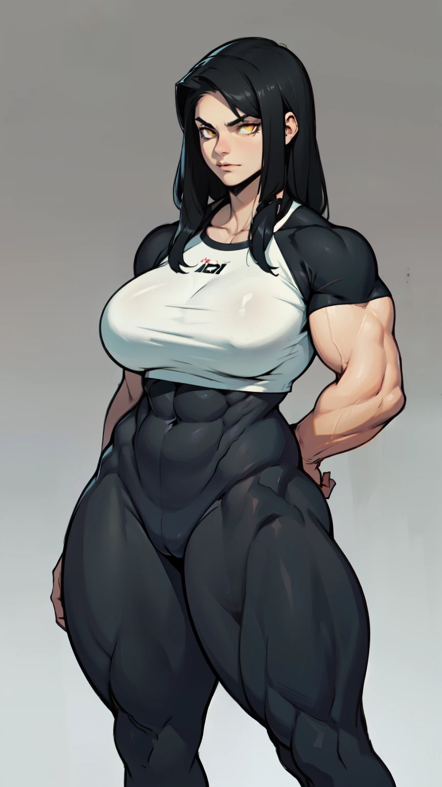 girl solo standing (((muscular girl toned body large breasts thick))) yellow eyes black hair pale skin perfect anatomy perfect anatomy perfect anatomy