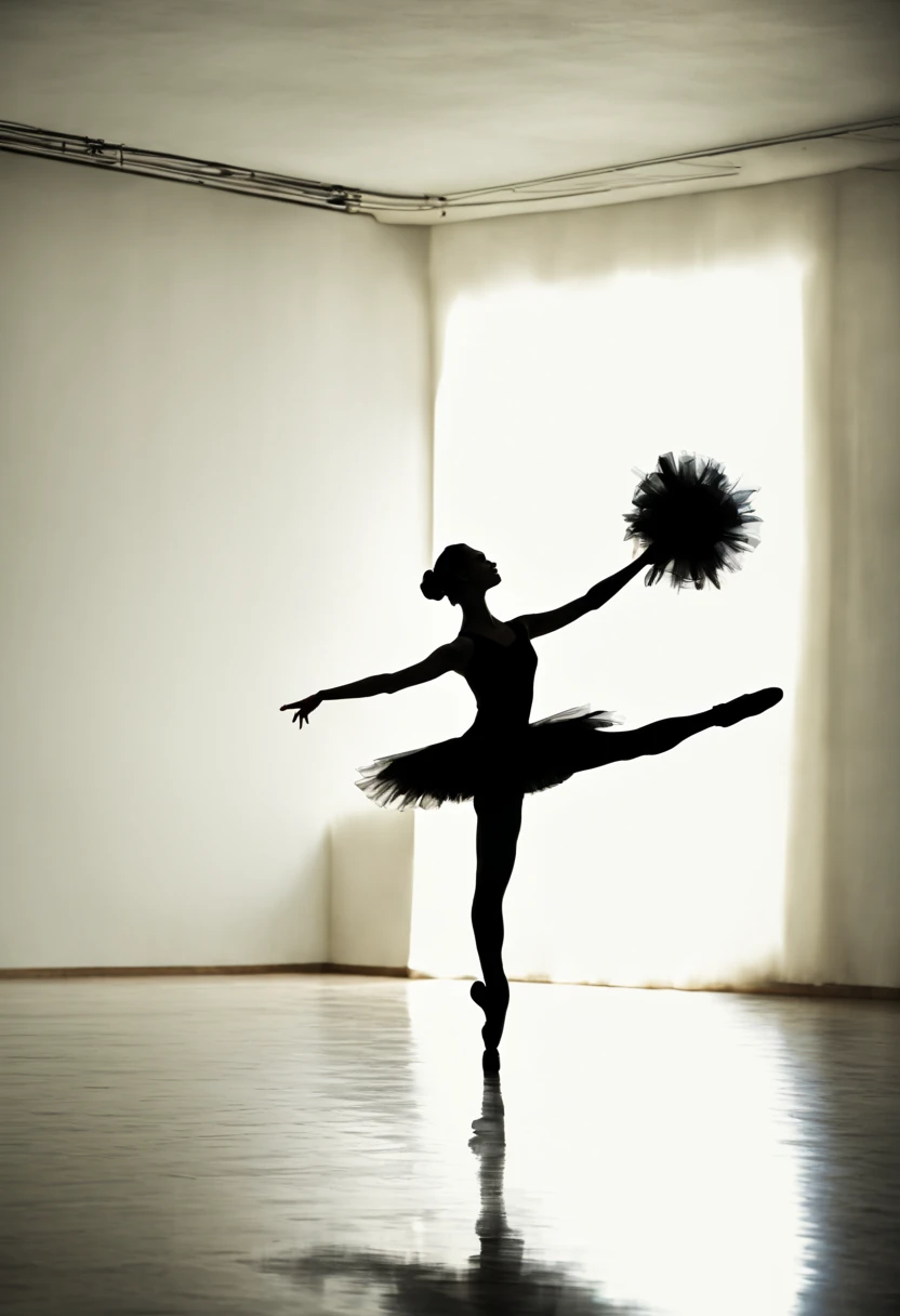 ballet dancer silhouette, spotlight, minimalist stage, (silhouette art:1.8,剪影艺术), (Best quality:1.5, masterpiece:1.5).