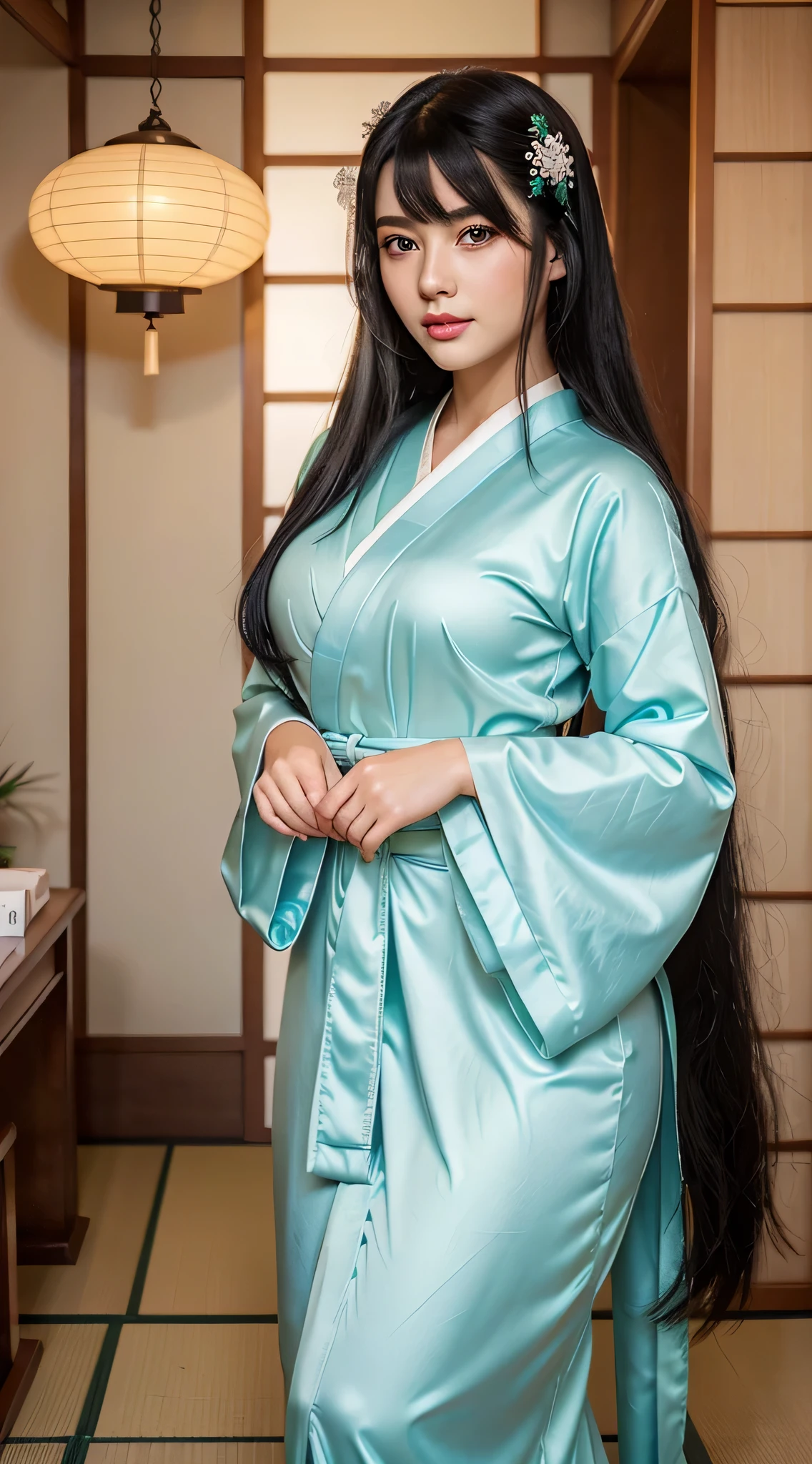 a beautiful girl with an angelic face, she is 19 years old, long straight black hair, light green eyes, thick sage red lips, thick sexual lips, light blue Japanese Fantasy She is in a Japanese clothing store, she has beautiful bright green eyes and long straight black hair. beautiful thick lips sex, light blue Geisha Japanese costume in light blue clothes