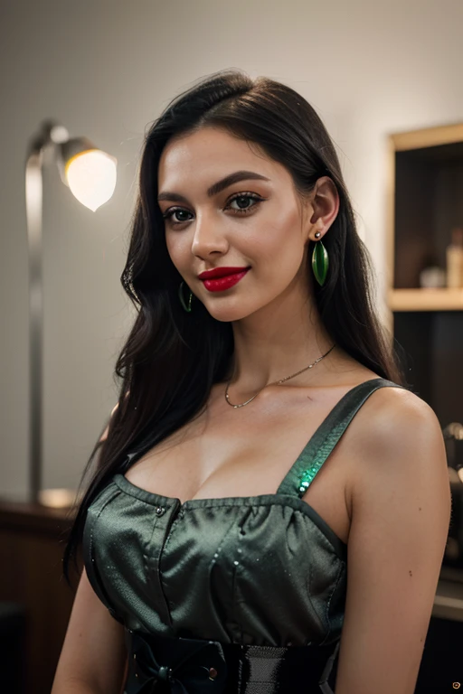 (8k, RAW photo, best quality, masterpiece: 1.2, realistic, photorealistic: 1.37, professional lighting, intricate details, high quality), age 23 years old, ((long straight black hair)), perfect mouth, perfect eyes and shiny, thin eyelashes, green eyes, perfect hand, perfect fingers, perfect nails, professional makeup, earrings, lipstick, beautiful detailed illuminated face, ((height 1.60 cm, weight 60 kg, bust 62 cm, waist 63 cm, hips 86 cm)), smiling bar