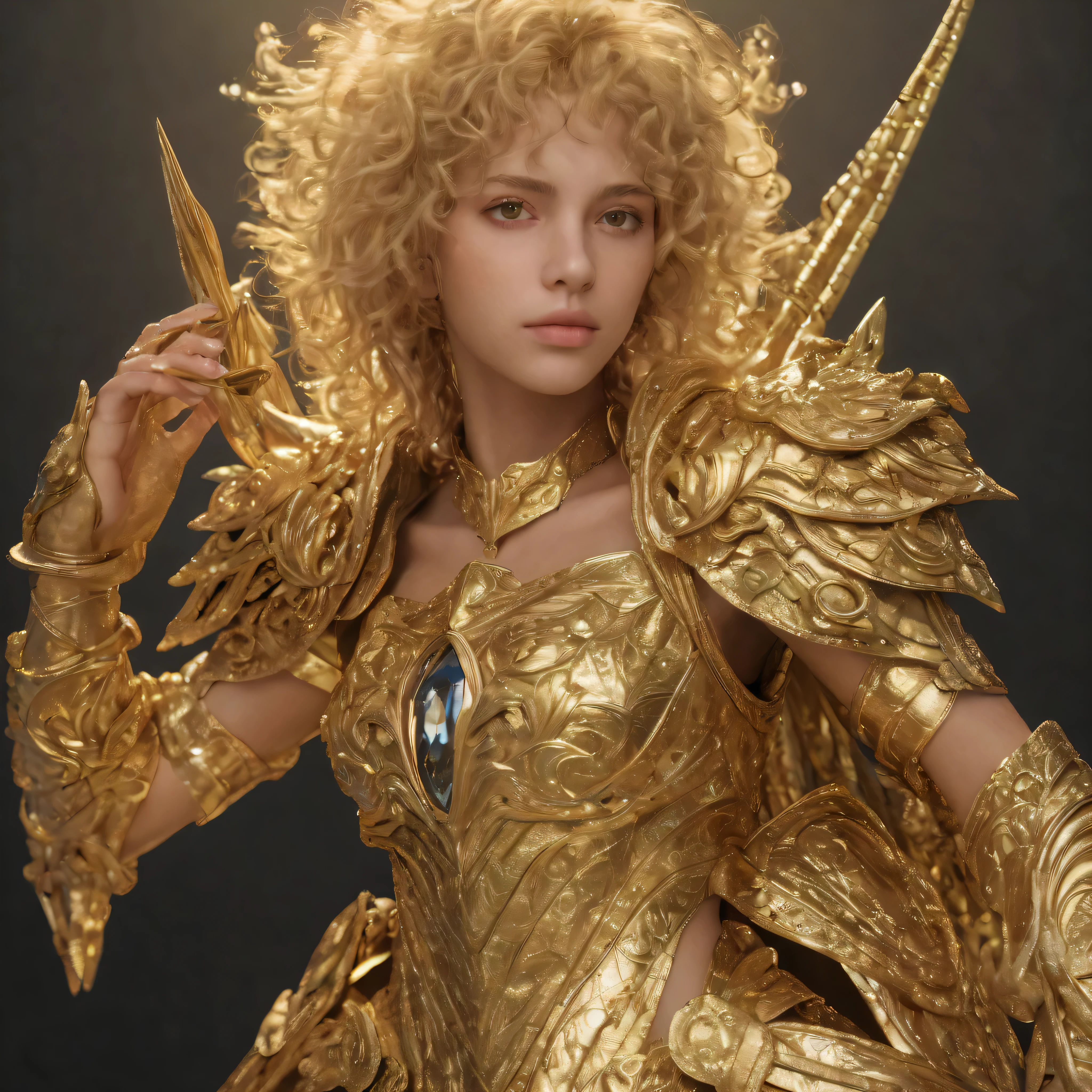 Knight of the Zodiac Aiolia de Leo, caveleira de ouro com capa branca, ataque na velocidade da luz, Saint Seya, (STYLE V-RAY!!!), (textura METAL REALISTA), CABELO REALISTA!!! (OURO BRILHANTE), (textura realista:2.0), (HDR:1.2), (4K), BLOND HAIR LONG, tiro de corpo inteiro!!!, camera low, TRAJE super detalhada ( ARMADURA), traje com pedras preciosas, ombreiras largas, mulher, rosto angelical, symmetrical face, seduzir, coxas musculosas definidas, fundo luzes sol, corpo inteiro, mostre as pernas de calcinha dourada brilhante relusente, olhos azuis sensuais, coxas BRANCAS, pernas, boca vermelha, olhos pequenos, nariz fino, (ETINIA ESLAVA), pele branca, 22 year old girl skin clean, pele branca, 22 year old girl skin clean, (OLHOS PERFEITOS!), hot girl, hot asARRIGA SENSUAIS!)