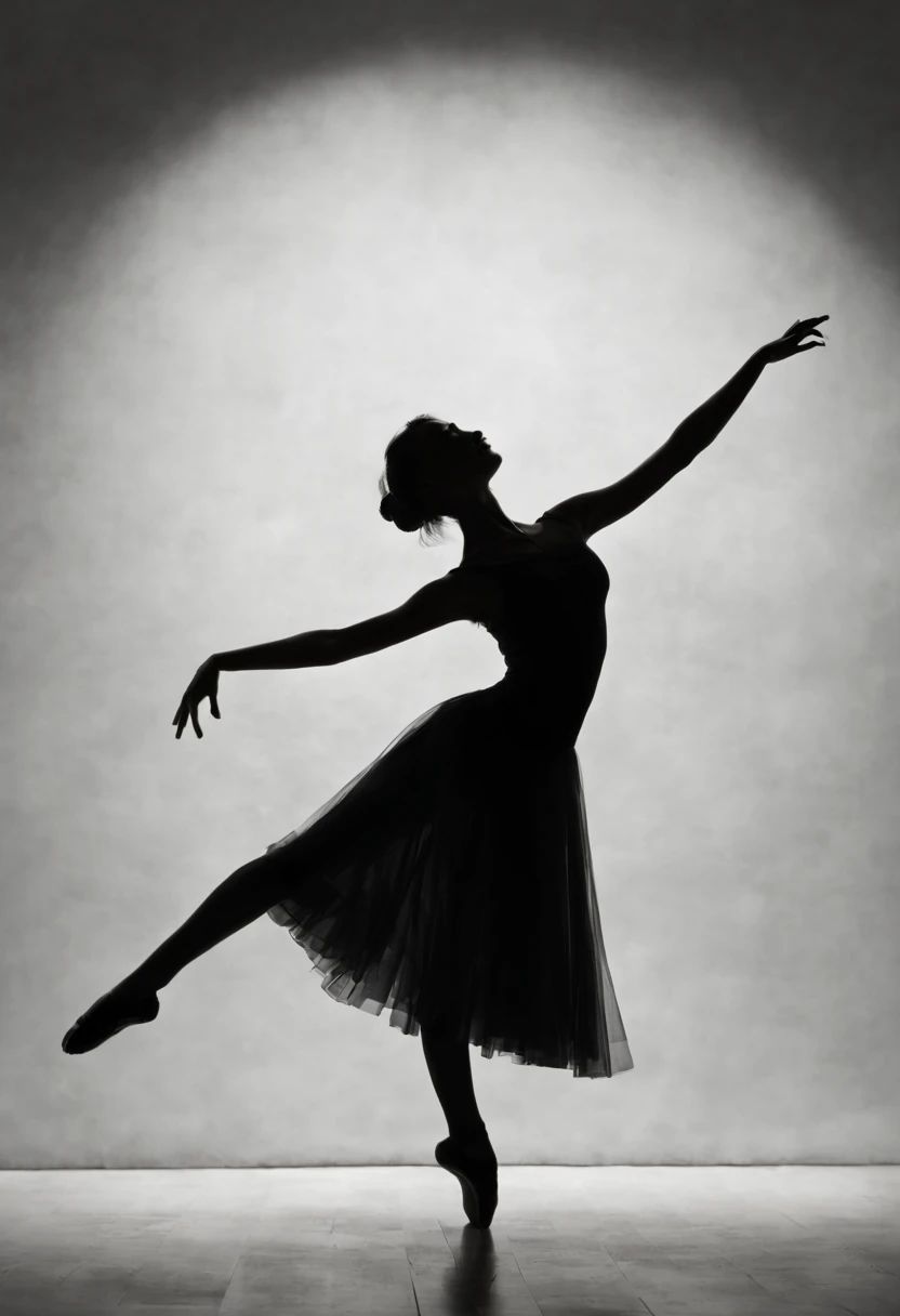ballet dancer silhouette, spotlight, minimalist stage, (silhouette art:1.8,剪影艺术), (Best quality:1.5, masterpiece:1.5).