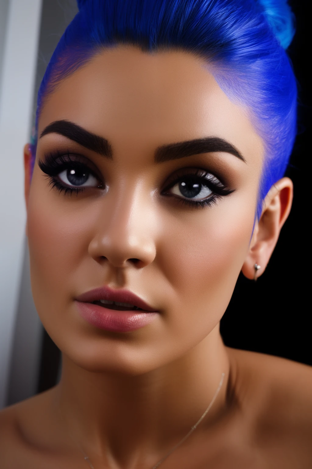 Absurd resolution, high resolution, (masterpiece: 1.4), hyper-detail, hyper-realistic, beautiful 18 year old girl with punk blue hair, happy, rage, night, light portrait, Instagram model, cleavage, beautiful latin face, beautiful body and face, beautiful woman, beautiful and detailed body and face, beautiful face and figure, natural makeup, photorealistic, RAW, skin texture, film grain, best shadow, 55mm, ultra HD, film grain,