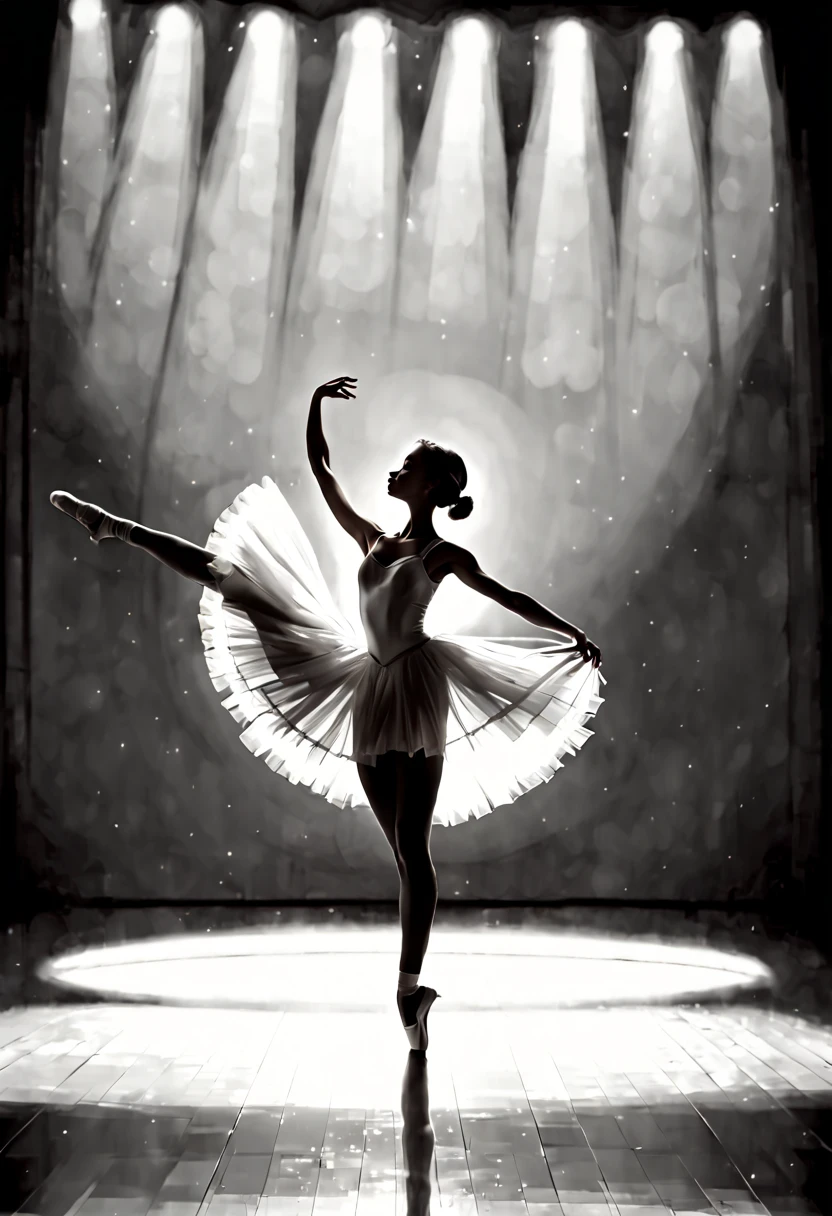 ballet dancer silhouette, spotlight, minimalist stage, (silhouette art:1.8,剪影艺术), (Best quality:1.5, masterpiece:1.5).
