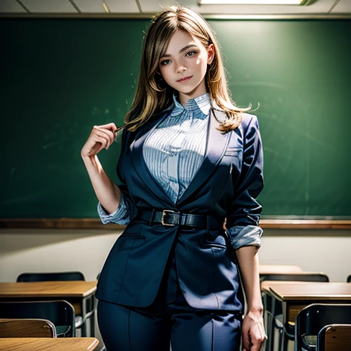 SFW, photorealistic, professional photo, Danielle Panabaker aged 19, medium cowboy shot, very long hair, extremely tall, slim, formal business attire, tucked in blouse, slacks, classroom, chalkboard, (huge tits:1.2), (top heavy:1.2), (oppai proportion:1.2)