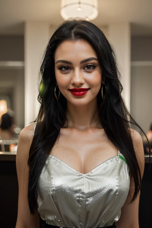 (8k, RAW photo, best quality, masterpiece: 1.2, realistic, photorealistic: 1.37, professional lighting, intricate details, high quality), age 23 years old, ((long straight black hair)), perfect mouth, perfect eyes and shiny, thin eyelashes, green eyes, perfect hand, perfect fingers, perfect nails, professional makeup, earrings, lipstick, beautiful detailed illuminated face, ((height 1.60 cm, weight 60 kg, bust 62 cm, waist 63 cm, hips 86 cm)), smiling showing white teeth in bar