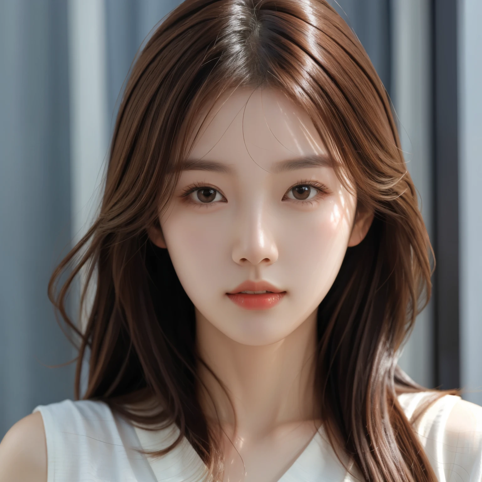 a Korean girl with long brown hair, looking straight at the camera, during the day ,ultra high res.photo realistic: 1.4, UDH, Seaart Prompt Studio