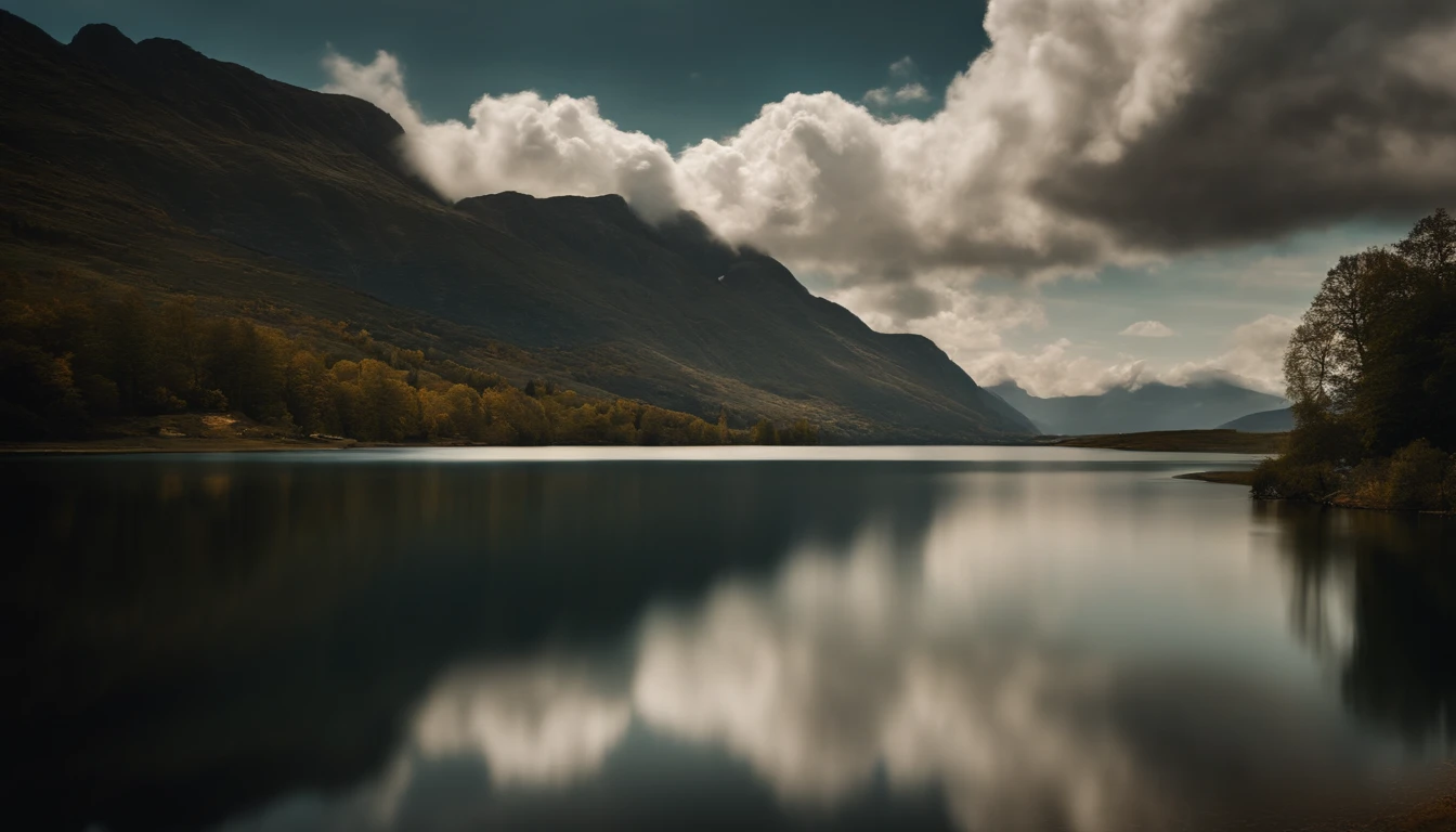 a landscape shot of a cumulus nimbus cloud over a picturesque scene, such as mountains or a body of water, creating a dramatic contrast between the cloud and the surroundings