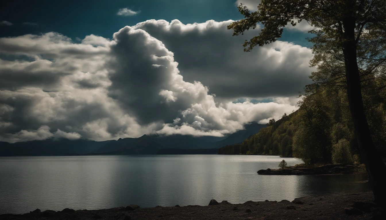 a landscape shot of a cumulus nimbus cloud over a picturesque scene, such as mountains or a body of water, creating a dramatic contrast between the cloud and the surroundings