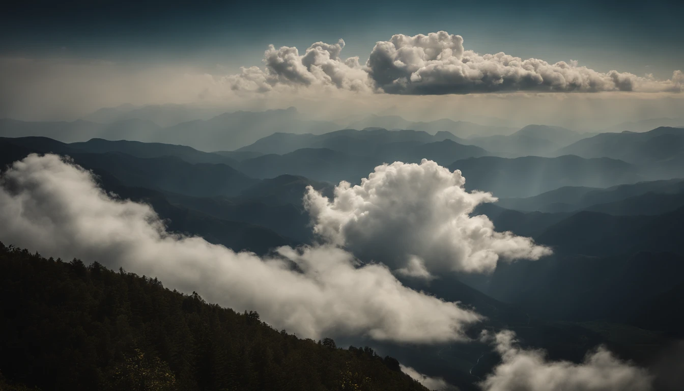 a landscape shot of a cumulus nimbus cloud over a picturesque scene, such as mountains or a body of water, creating a dramatic contrast between the cloud and the surroundings